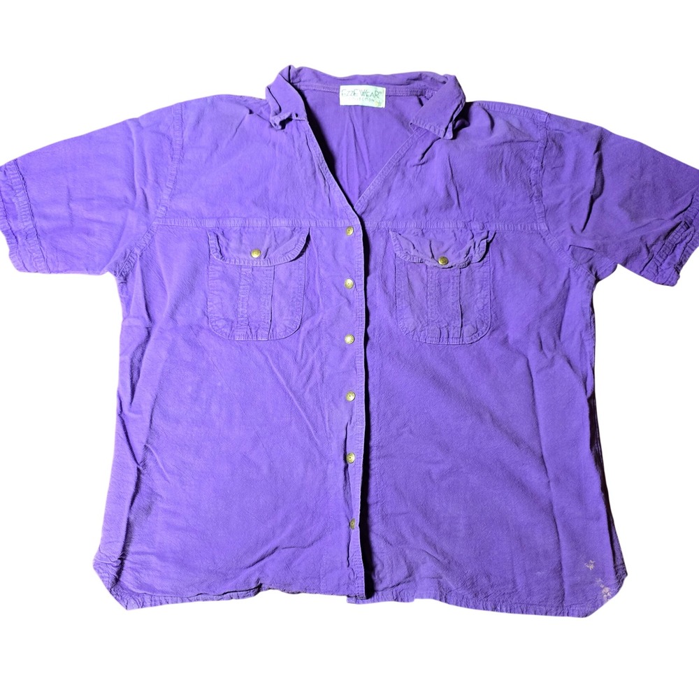 VTG EZZE WEAR 100% Cotton Short Sleeve Purple Button Up Shirt Large with pockets